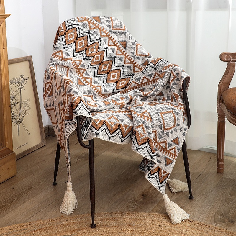 Boho вязать бросить одеяло с геометрическим ромбовидным узором и кисточками